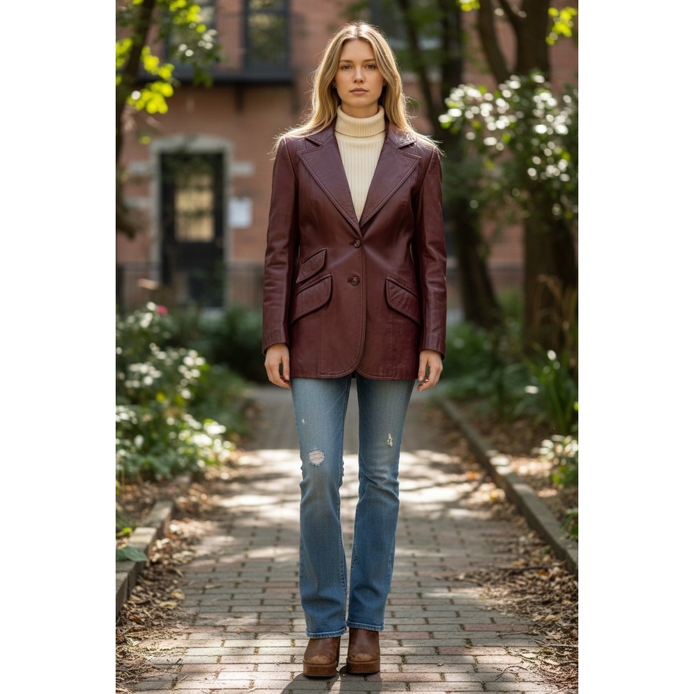 Vintage Burgundy Soft Leather Blazer Jacket 70s Style Oxblood Taiwan